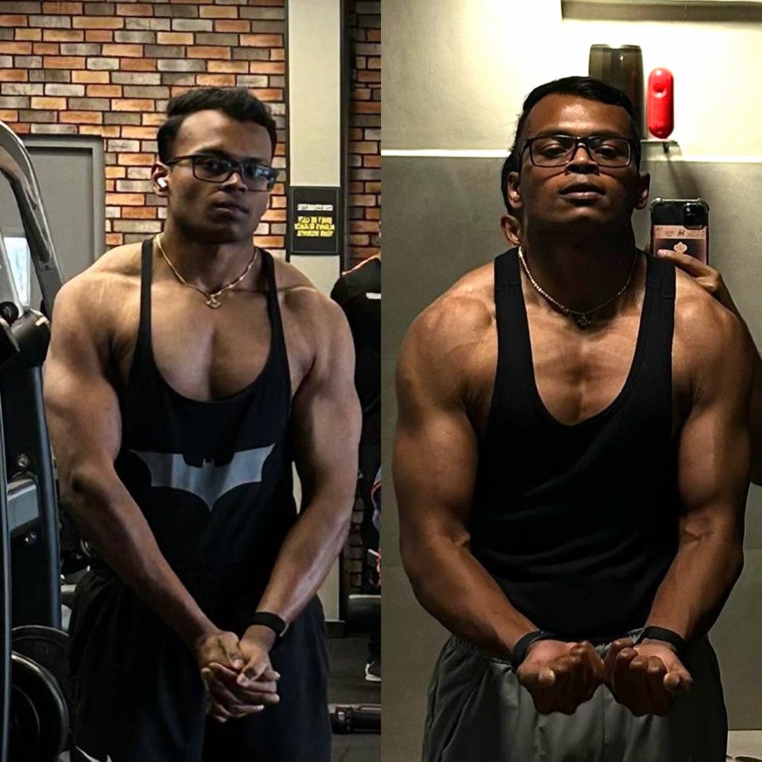 DSF client muscle building transformation in the gym - before and after